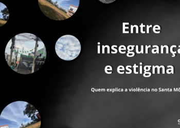 Arte com fundo preto e cinza escuro, com seis molduras circulares com fotografias de diferentes pontos do Santa Mônica. As fotos apresentam ruas, postes com fiação, céu azul com nuvens brancas, área verde com prédio da biblioteca da universidade ao fundo e bar com bandeirinhas do Brasil. A direita tem o título “Entre insegurança e estigma”, abaixo em fonte menor “Quem explica a violência no Santa Mônica”. No canto inferior direito está a logo da agência conexões em branco.