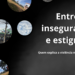 Arte com fundo preto e cinza escuro, com seis molduras circulares com fotografias de diferentes pontos do Santa Mônica. As fotos apresentam ruas, postes com fiação, céu azul com nuvens brancas, área verde com prédio da biblioteca da universidade ao fundo e bar com bandeirinhas do Brasil. A direita tem o título “Entre insegurança e estigma”, abaixo em fonte menor “Quem explica a violência no Santa Mônica”. No canto inferior direito está a logo da agência conexões em branco.